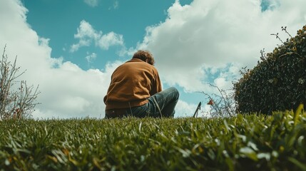Person Sitting on Grass with Blue Skies and Fluffy Clouds Above