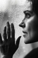 A black and white emotional portrait of a woman gazing out a rain-soaked window, her hand resting on the glass, capturing deep introspection in an award-winning expressionist style