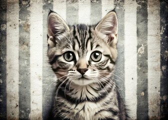 Black & White Kitten Wall Sticker, Graphic Striped Kitten Art, Cute Squinting Cat, Artistic Pet Drawing, Whimsical Animal Wallpaper