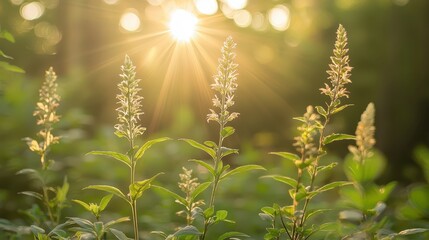 Sunlit Green Plants with Glowing Background in Nature Scene