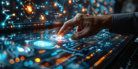 A futuristic hand interacting with a high-tech digital interface, featuring glowing holographic controls, cyber elements,