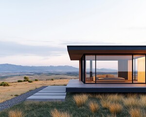 Fototapeta premium Minimalist glass pod home with offgrid energy solutions, natural lighting, and ecofriendly materials, Sustainable Architecture Minimalist, glass pod living