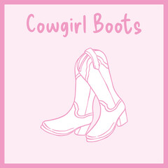A pink digital line drawing of a pair of cowgirl boots with a classic western design, Vector illustration