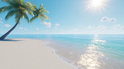 Tropical beach scene, serene coastline with palm trees, calm turquoise waters under bright sunlight, perfect for relaxation.