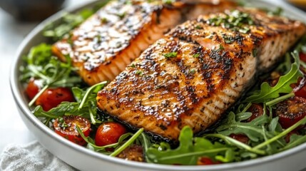 Pan-Seared Salmon with Cherry Tomatoes and Arugula Salad