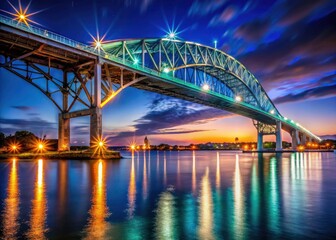 Blue Water Bridge Night Photography, St. Clair River, Port Huron, Sarnia, Canada, Low Light, Night Scene, Bridge Crossing