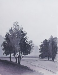 Monochrome Misty Forest Landscape with Tall Trees and a Winding Road

