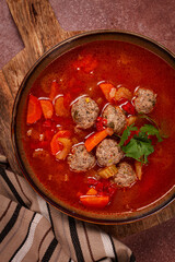 Romanian soup with meatballs, vegetable soup with meatballs, homemade, no people,
