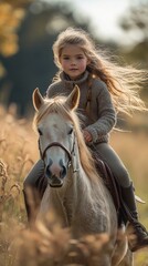 Fototapeta premium Girl rides a pony through a golden field with tall grass brushing against her boots during a sunny afternoon