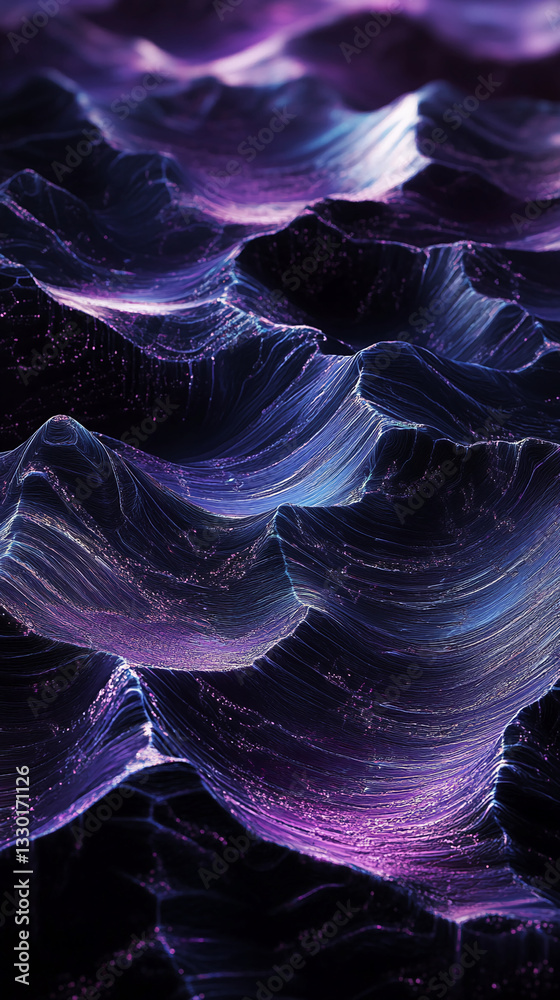 Poster abstract image of purple and blue glowing waves, creating a dynamic and energetic texture, showcasin