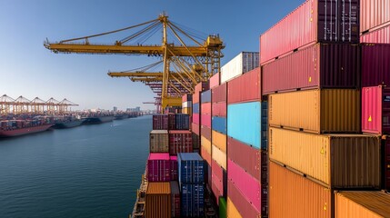 Fototapeta premium cargo ship Aerial view of a large cargo ship loaded with colorful shipping containers while docked at a busy port. The image highlights maritime commerce and logistics.