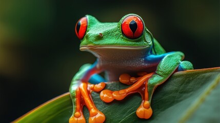 Vibrant Red-Eyed Tree Frog Perched on Green Leaf in Nature