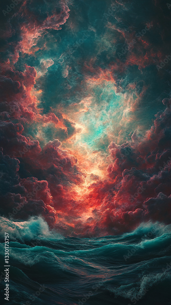 Poster dramatic ocean scene with red and teal cloudscape overhead, creating a powerful and atmospheric imag