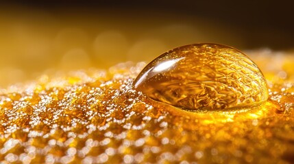 Close-Up of Golden Liquid Droplet on Textured Surface with Shine
