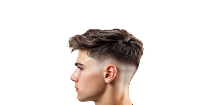 Side view of man's modern hairstyle featuring undercut isolated on transparent background