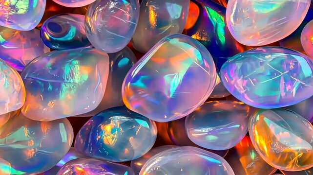 Colorful, iridescent opal stones, showcasing their smooth surfaces and vibrant hues. The stones display a range of colors including blue, orange, and purple.