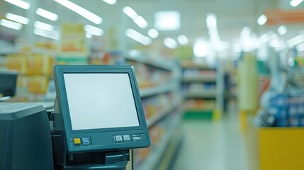 Close-up of a blank POS screen at a grocery checkout, waiting for customer interaction. The softly blurred supermarket aisles create context.
