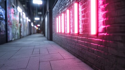 Urban alleyway at night, illuminated by vibrant pink neon lights