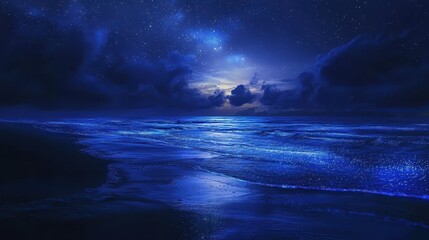 Majestic Night Sea with Stars and Glowing Waves Under Moonlight