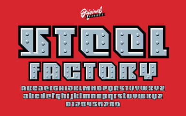 Original Alphabet with Metal Effect Steel Factory. Bold Industrial Typeface with Metallic Rivets Texture. 3d techno Font. Iron Effect. Steel Lettering for Sport Construction Building Company.