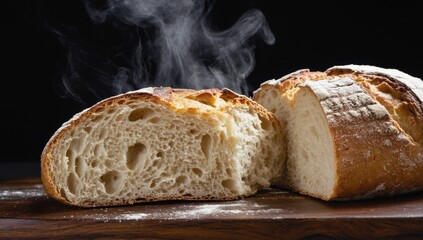 Rustic sourdough bread artisanal bakery freshly baked loaf extreme close up with steam high contrast - ideal for culinary inspiration and food design
