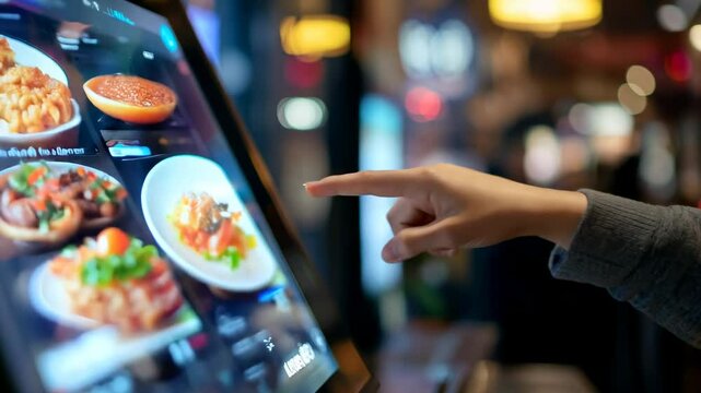 Digital restaurant menu touchscreen kiosk ordering food with a finger in a modern self-service dining environment