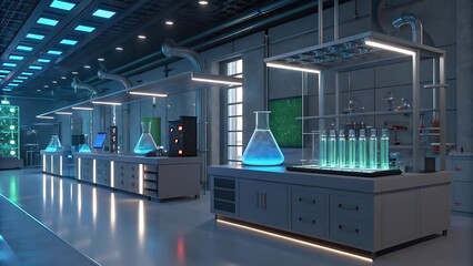 Futuristic Science Lab Image: Download High-Resolution Stock Photo of a Brightly Lit Laboratory with Advanced Technology, Experiments, and Reflective Surfaces..