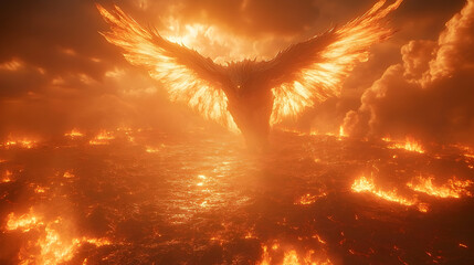 Fiery creature soaring over a fiery landscape