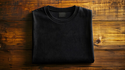 Neatly folded black t shirt on rustic wooden surface for branding display. Generative AI