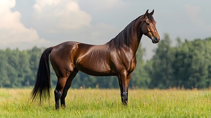 Majestic stallion stands proudly in a lush green meadow during daytime. Generative AI