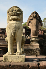 Seven heads Naga and Leo or Lion sand stone carving statue of Prasat Hin Phimai in Phimai...