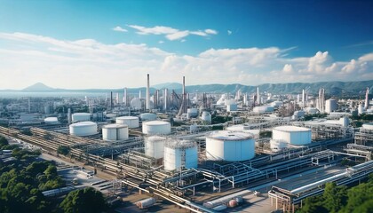 Expansive industrial oil refinery complex with storage tanks and towering chimneys under a clear sky.

