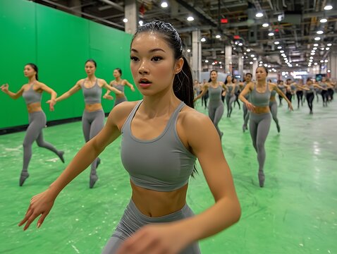 Dancers Rehearse in Large Studio. Green Floor