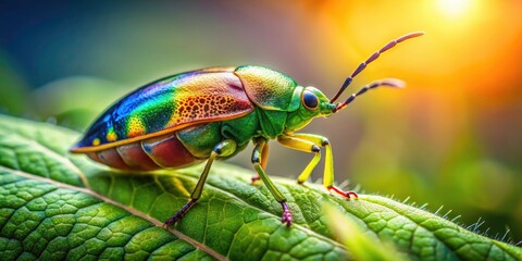 Naklejka premium Colorful Insect Macro Photography: Close-up Green Leaf Sunlight Nature Bug Wildlife