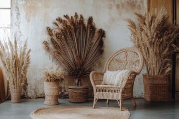 Obraz premium Rustic bohemian style interior decoration with dried plants and furniture