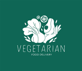 Green Vegan Vegetarian Food Logo Badge. Veggies in hand Illustration. Lettuce salad Avocado Tomatoes Icons. Healthy Food Delivery, Restaurant,  Business Emblem. Elegant Classy Delicate Vibe.