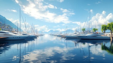 Fototapeta premium A serene marina scene with yachts reflecting in calm waters under a blue sky.