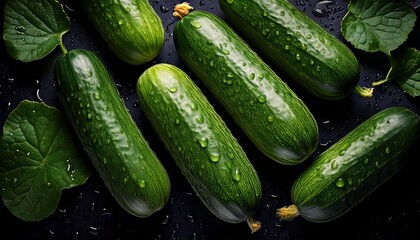 A moody, dark-toned photograph of fresh cucumbers with glistening water droplets, arranged on a black textured surface alongside green leaves, creating a striking contrast of light and shadow.

