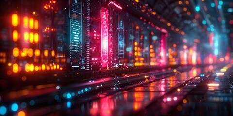 Fototapeta premium Futuristic server room with glowing neon lights, high-tech panels, and cyberpunk aesthetics,