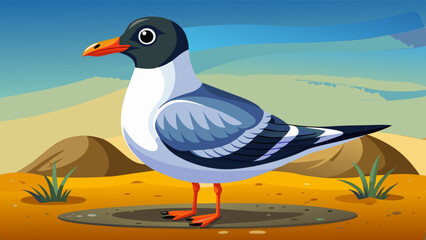 Obraz premium A black-headed gull stands on a sandy surface in a desert-like environment with distant hills and sparse vegetation under a clear blue sky