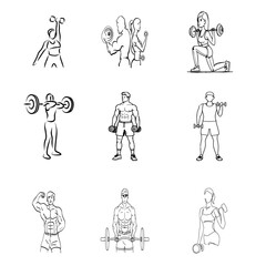 Set of gym or workout vector line art design, people, cartoon, vector, icon, illustration, set, sport, woman, fun, boy, kid, silhouette, basketball, symbol, player, group, soccer, business, art