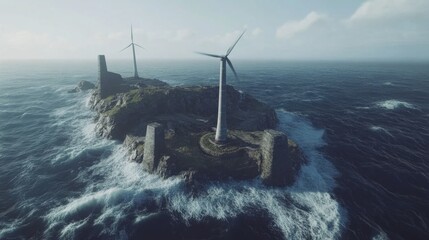 Wind Turbines on Remote Island Surrounded by Ocean Waves