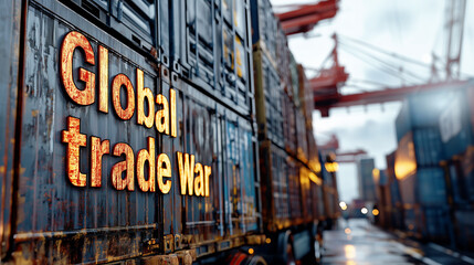 Rusty shipping containers with bold glowing text "Global trade war" in a wet industrial port setting. The image symbolizes economic tension, tariffs, and trade disputes.