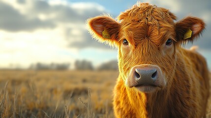 close up portrait a highland cow at grass field 