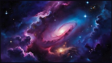 A celestial galaxy wallpaper featuring deep purple and blue tones with twinkling stars and nebula clouds