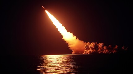 A fiery streak of light resembling a missile arcing upward into the sky with fire glowing trail 