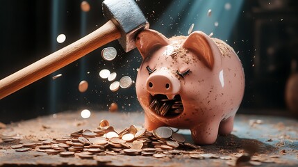 A piggy bank being smashed, coins flying, symbolizing saving and spending.