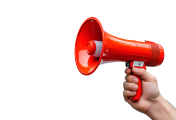 Hand holding a red megaphone isolated on transparent background