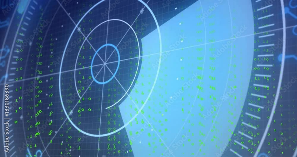 Poster displaying circular grid, radar screen with green data points and animation lines