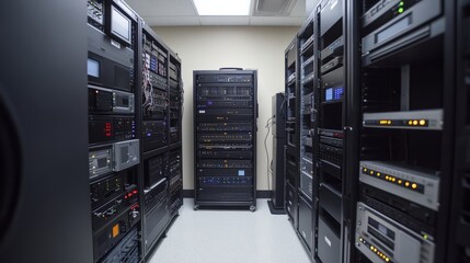 A behind-the-scenes view of a bank's secure server room with advanced equipment 